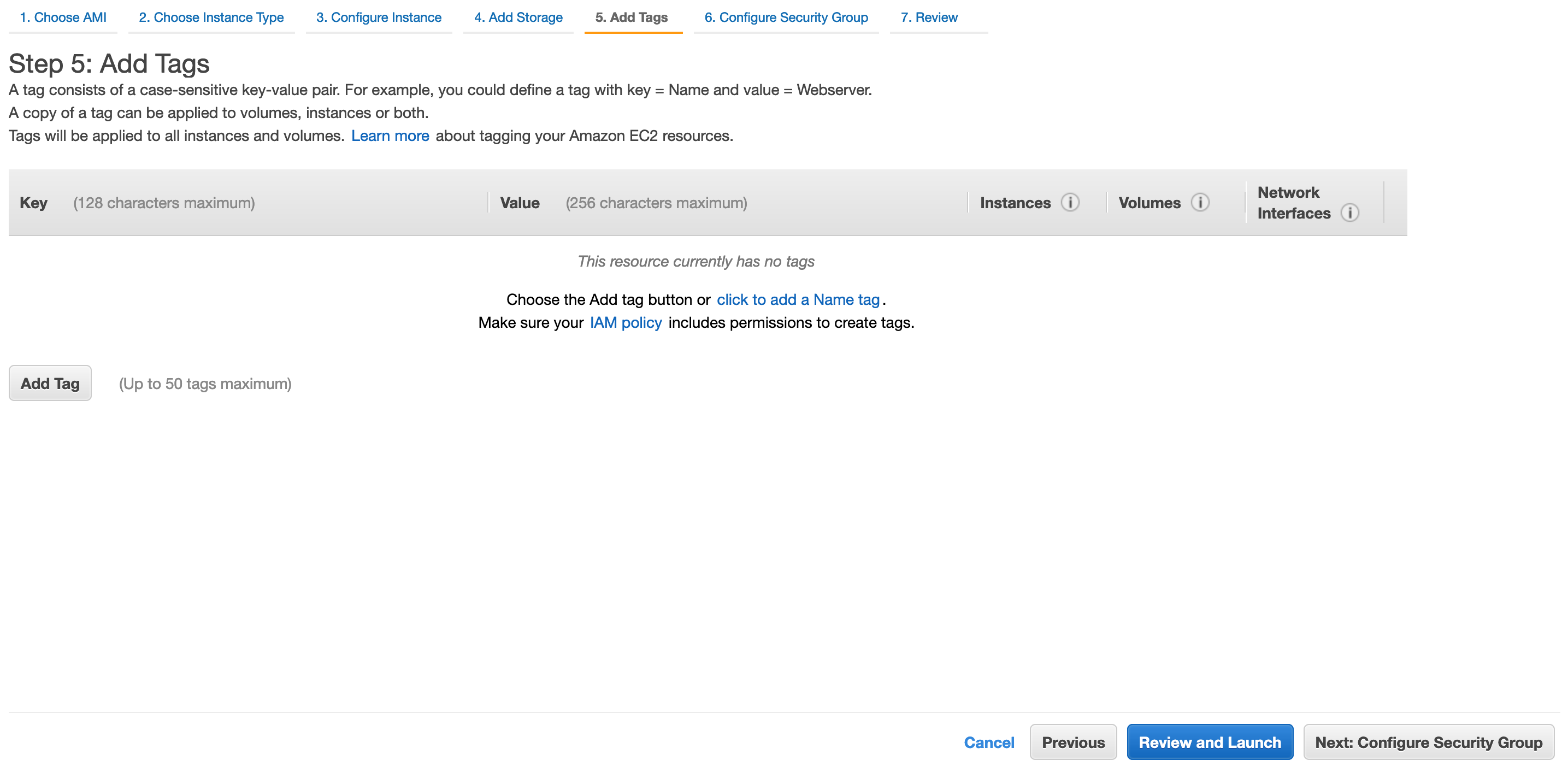 Page titled 'Step 5: Add Tags'. Text in center of screen: Make sure your IAM policy includes permissions to create tags.