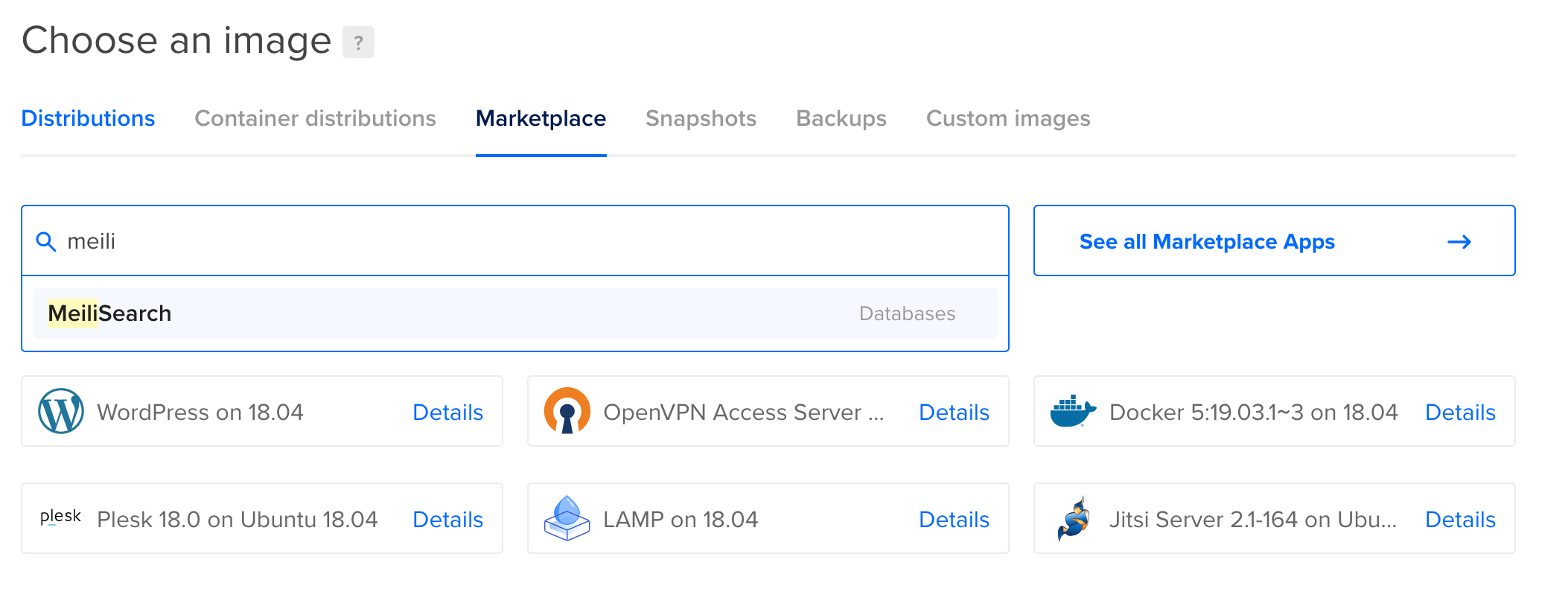Searching for 'meili' in Marketplace