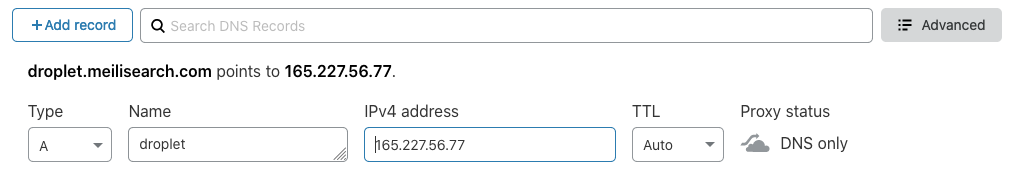 An interface for editing DNS records with "Type": A, "Name": droplet, "IPv4 address": 165.227.56.77, and "TTL": Auto