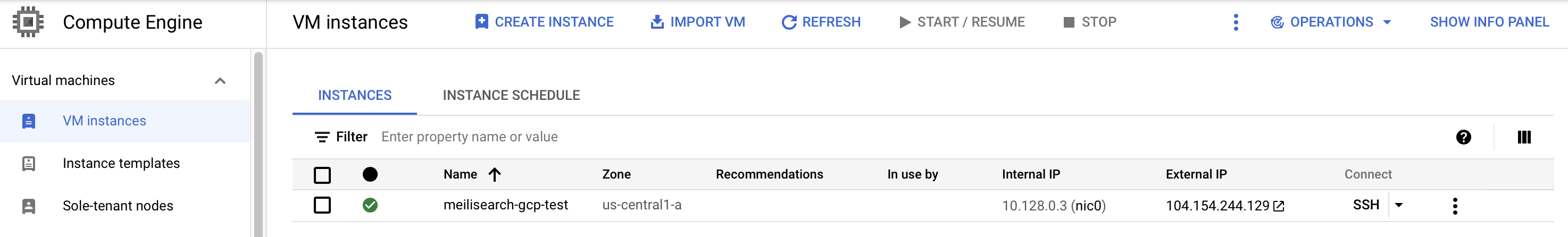 The meilisearch-gcp-test instance running successfully