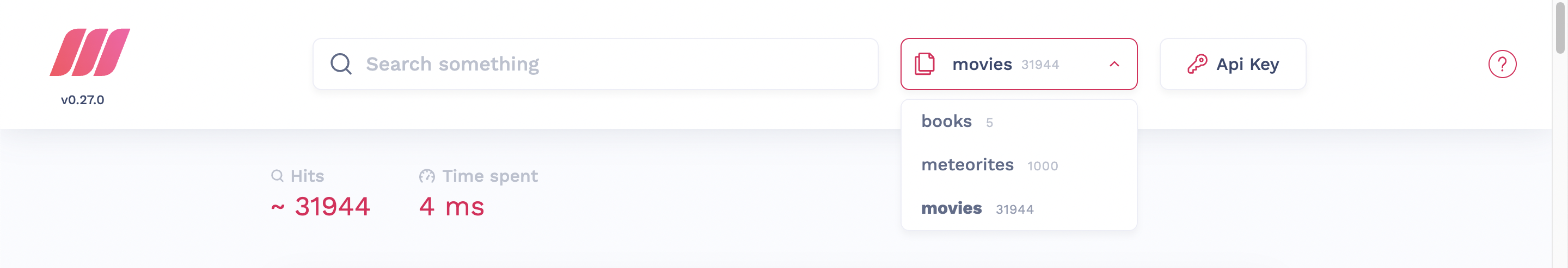 Meilisearch's search preview indicating the indexes dropdown in the upper right corner