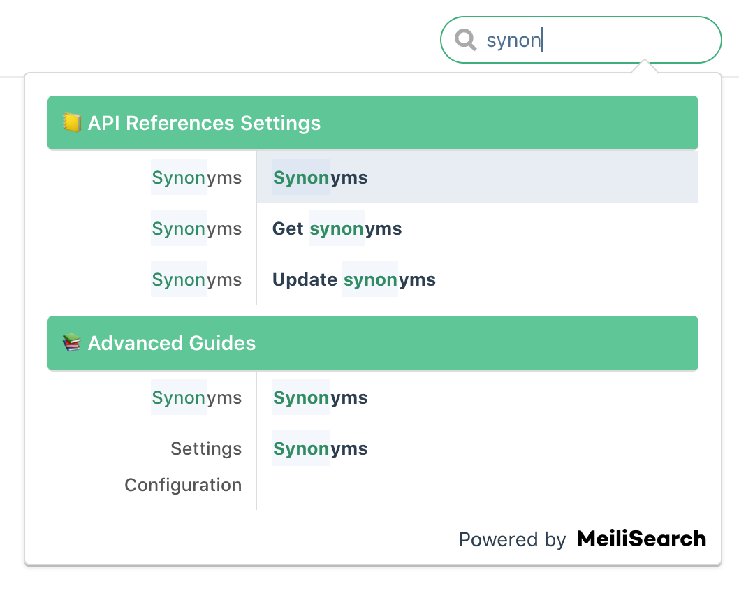 Search bar demo for 'synon' using the Vuepress plugin