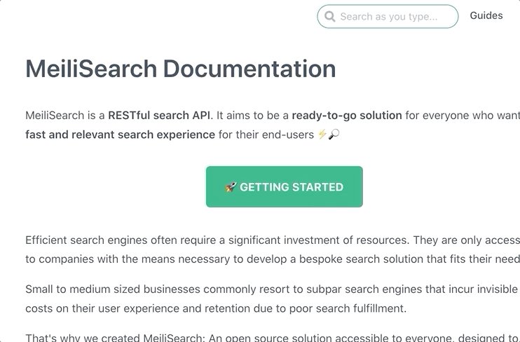 Meilisearch docs search bar updating results for 'faq'